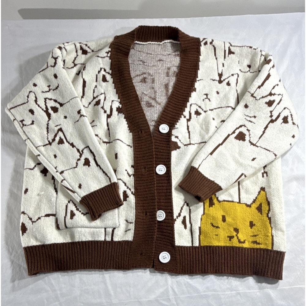 Unbranded Women Knit V-Neck Button Cardigan Sweater Cat Pattern Pockets XL Cream